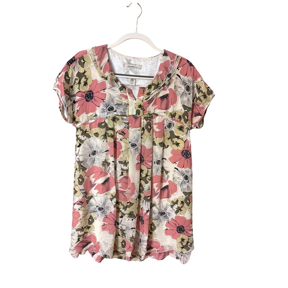 Laundry by Shelli Segal Silk Floral Ruffle Collar Empire Waist Blouse Pink Green